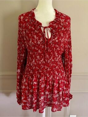 Red Floral Peasant Tunic Blouse with Tie Neck
